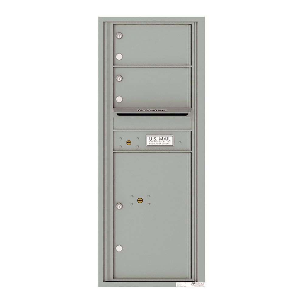Gray wall-mounted USPS mailbox with multiple compartments and outgoing mail slot.