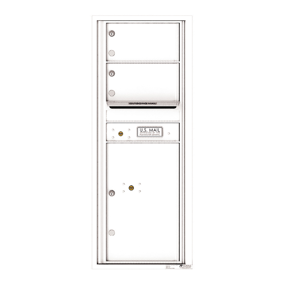 White vertical mailbox unit with multiple compartments and U.S. Mail label.