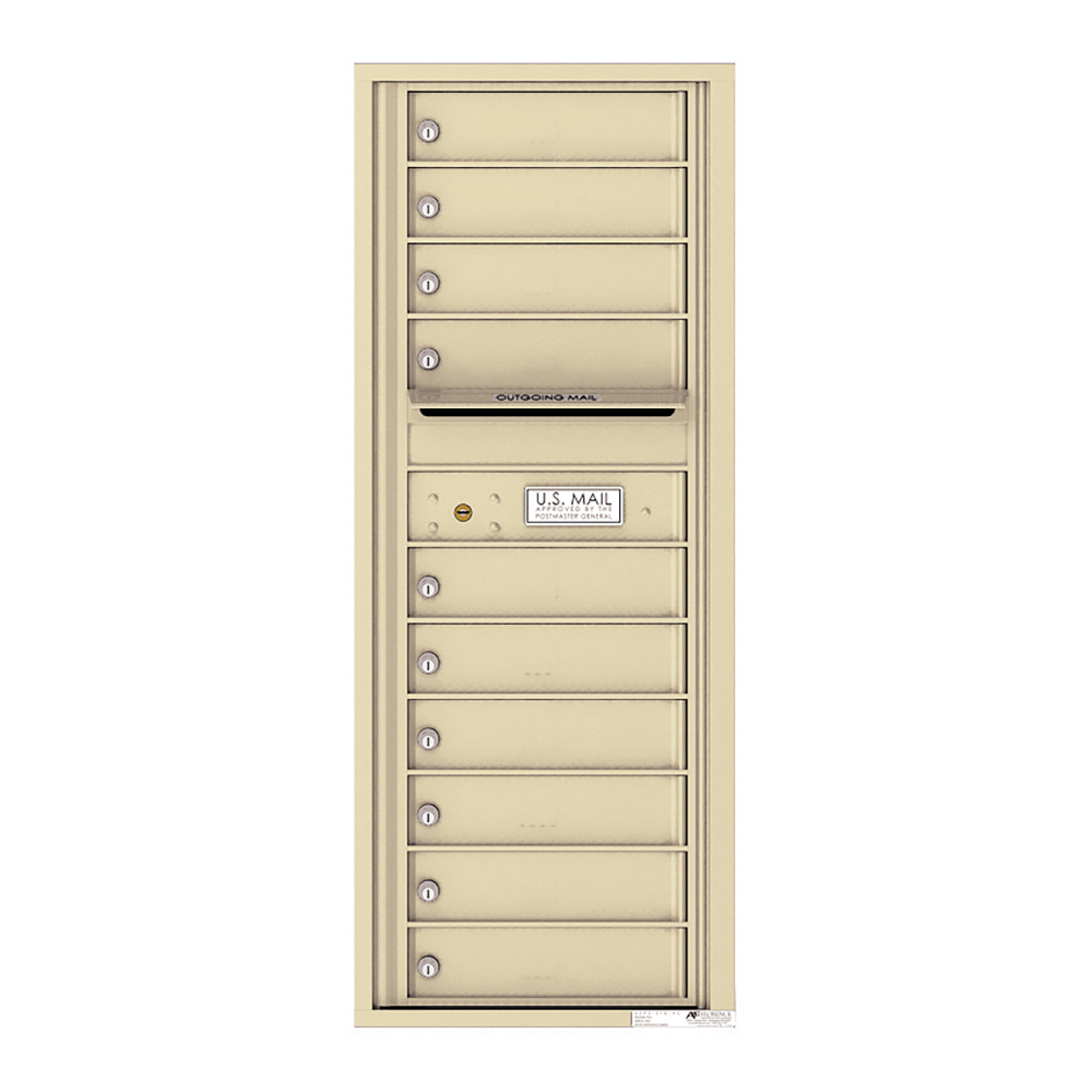 Beige multi-unit mailbox with nine compartments and an outgoing mail slot.