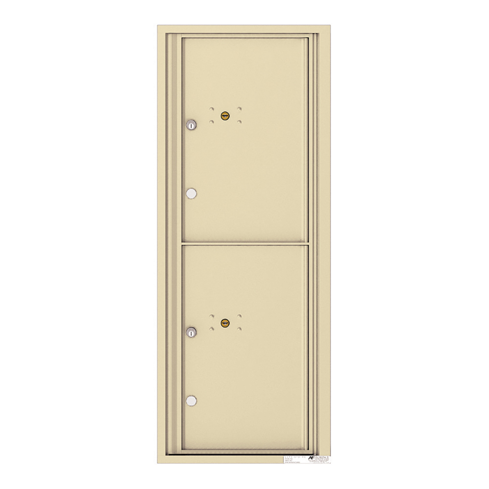 Beige double mailbox with two compartments and keyholes.