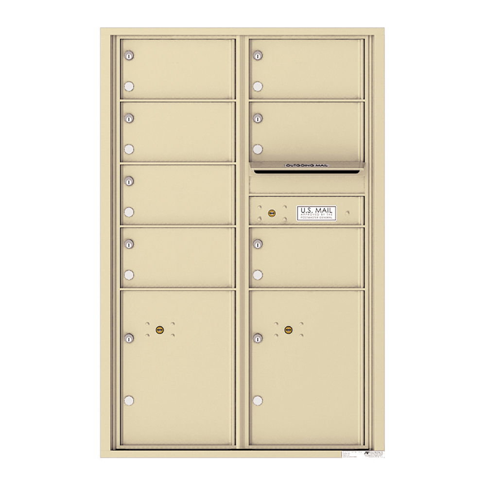 Beige wall-mounted cluster mailbox with multiple compartments and an outgoing mail slot.