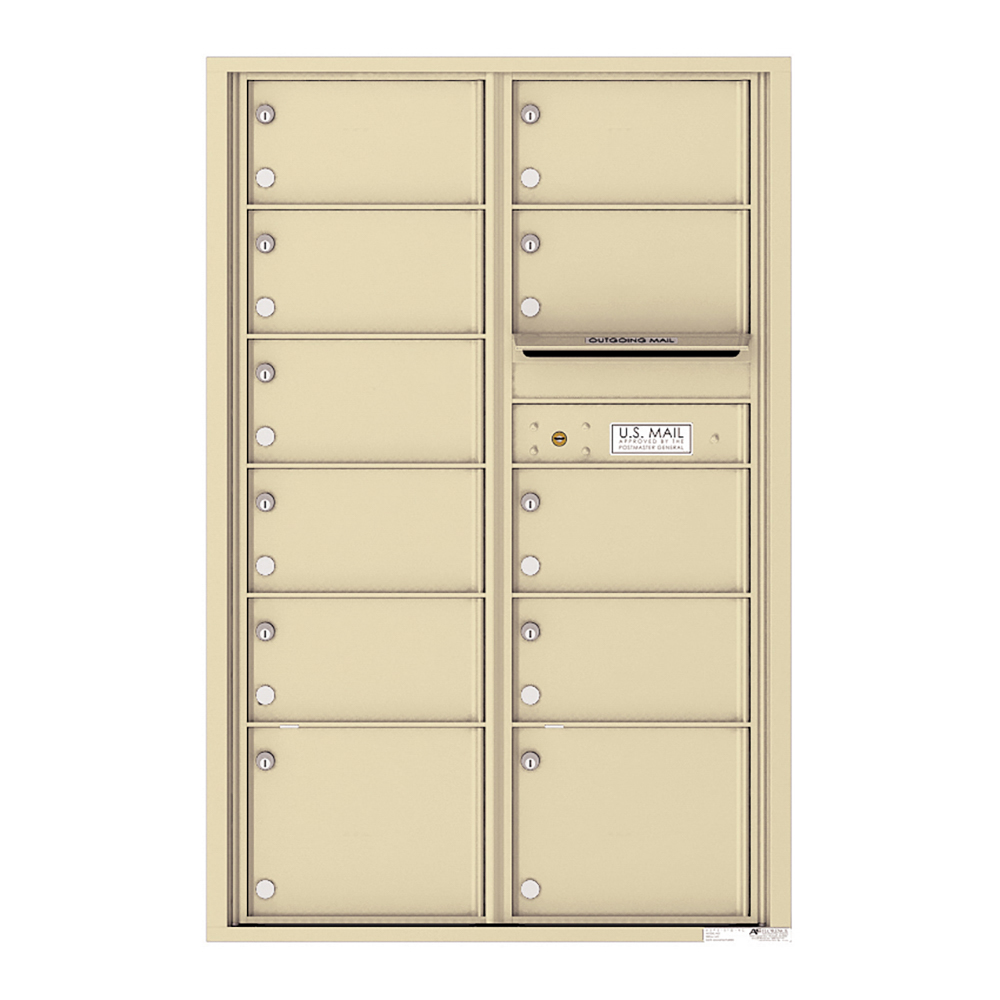 Beige multi-unit mailbox with individual locked compartments and outgoing mail slot.
