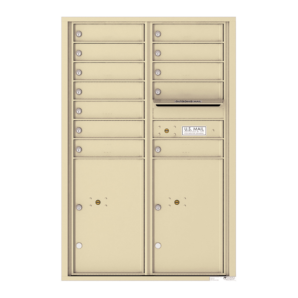 Beige multi-unit mailbox with individual compartments and an outgoing mail slot.