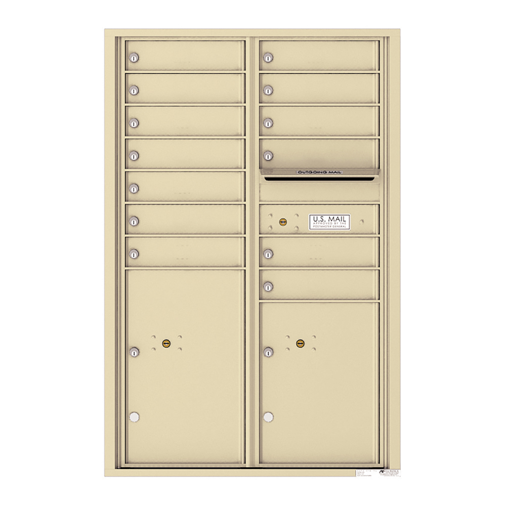 Beige multi-unit mailbox with individual locks and an outgoing mail slot.