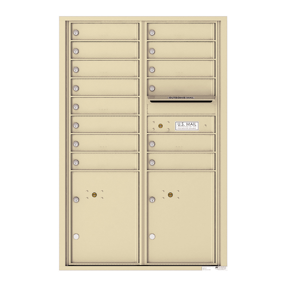 Beige multi-unit mailbox with individual locked compartments and outgoing mail slot.