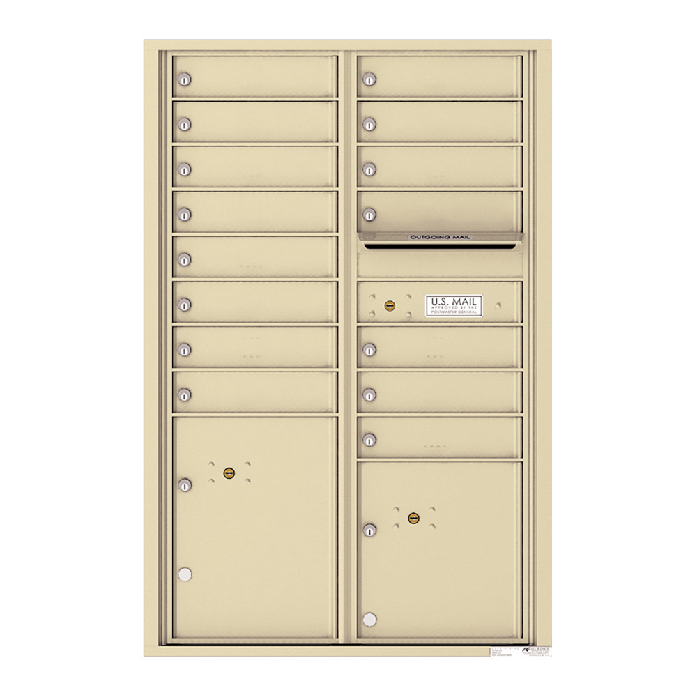 Beige multi-unit mailbox with individual compartments and an outgoing mail slot.