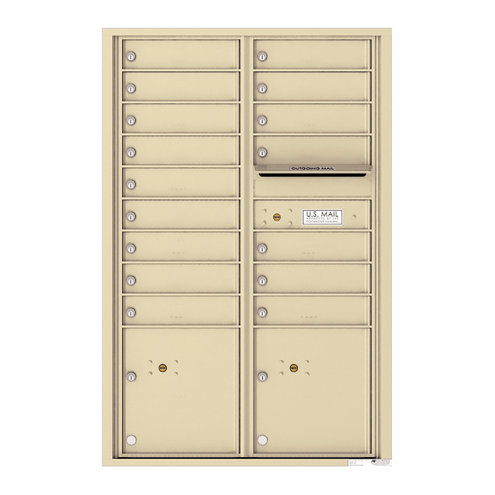 Beige wall-mounted cluster mailbox with multiple compartments and an outgoing mail slot.