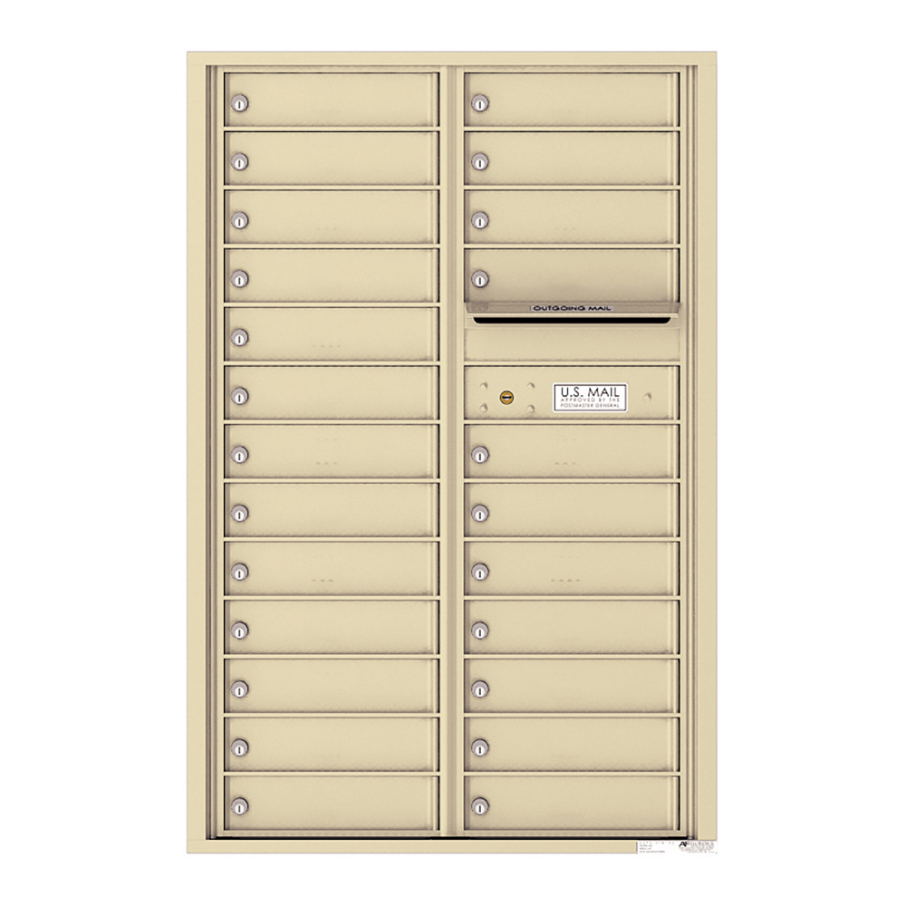 Beige multi-unit mailbox with individual compartments and outgoing mail slot.