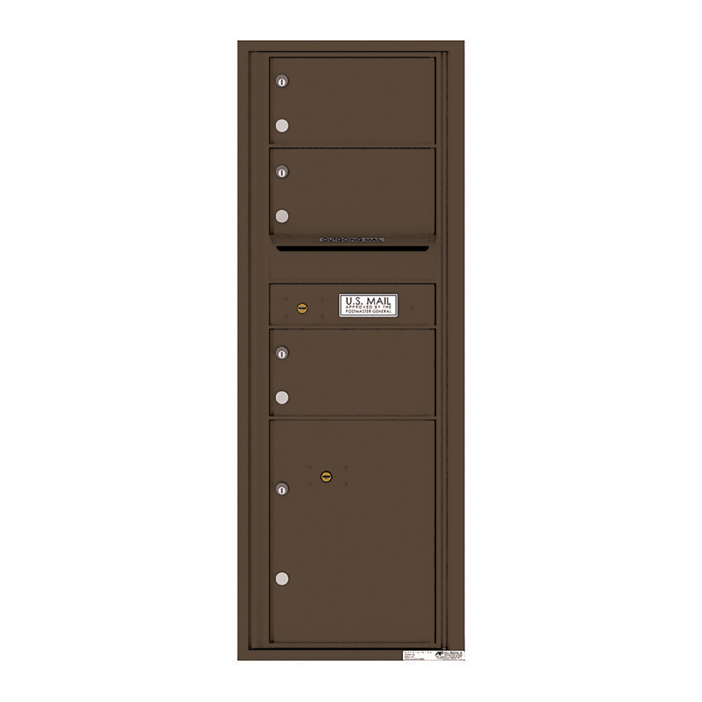 Brown multi-unit mailbox with four compartments and a U.S. Mail label.