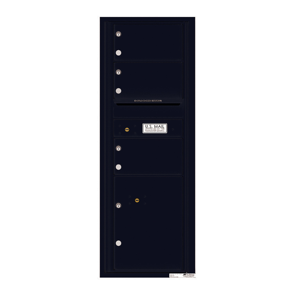 Black multi-unit mailbox with four compartments and a U.S. Mail label.