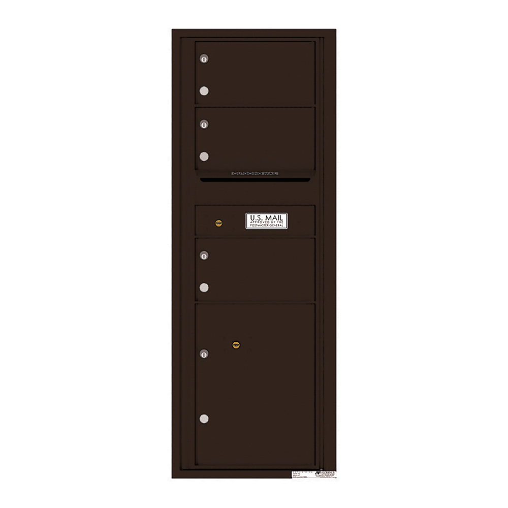 Dark brown vertical mailbox with multiple compartments and a U.S. Mail label.
