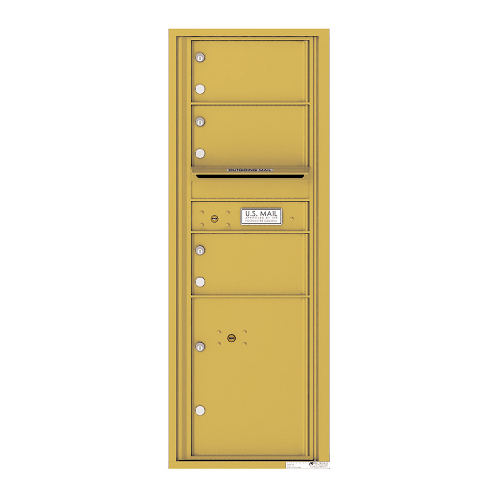Yellow multi-unit mailbox with four compartments and an outgoing mail slot.