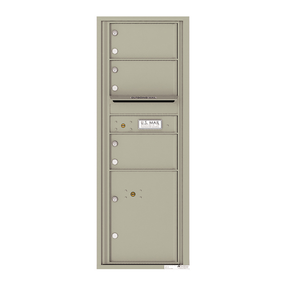 Vertical beige multi-unit mailbox with labeled compartments and outgoing mail slot.