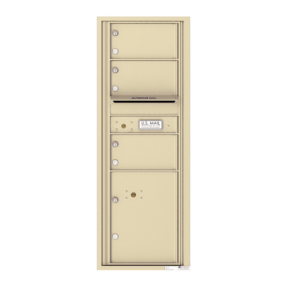 Tan multi-unit mailbox with labeled compartments and outgoing mail slot.