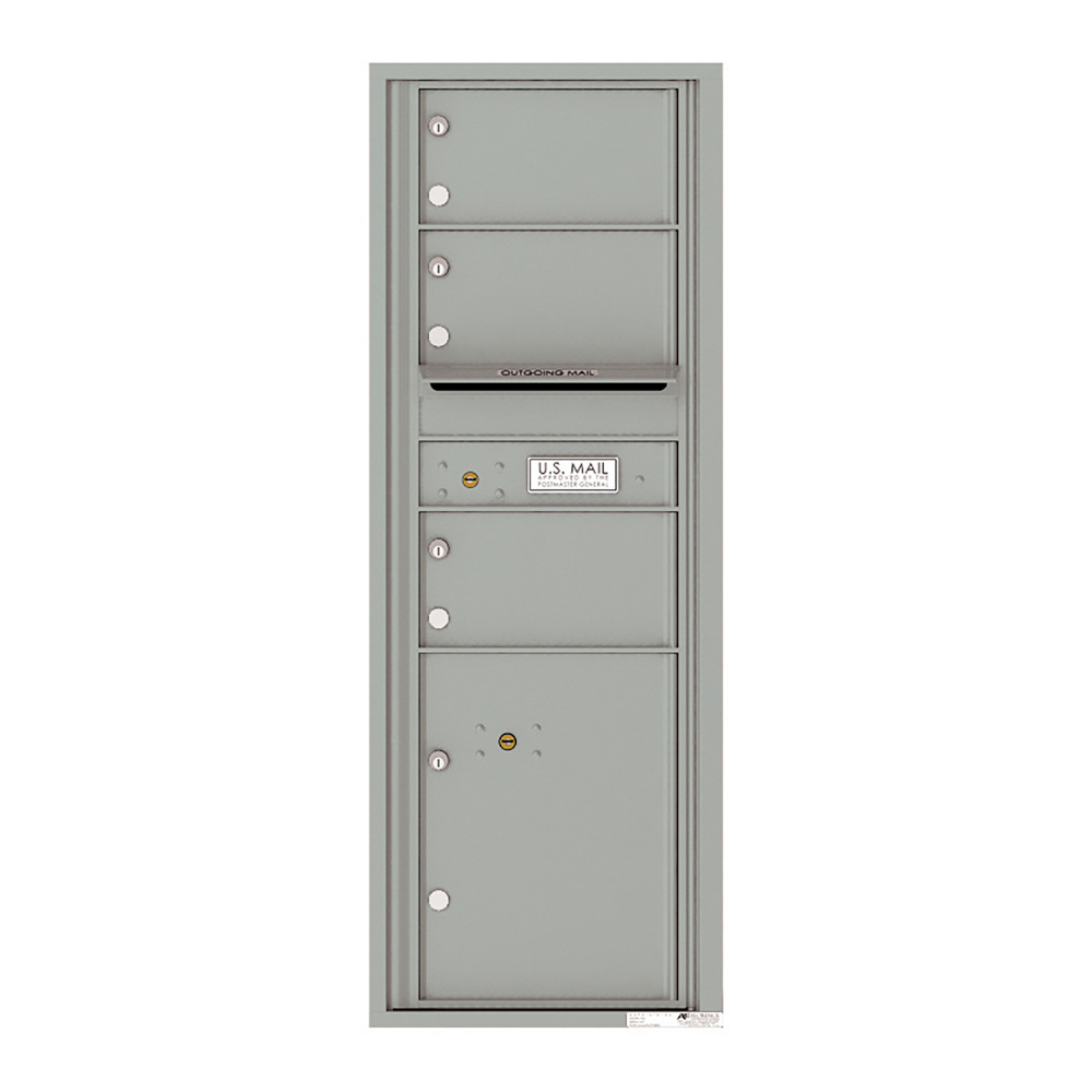 Gray multi-compartment mailbox unit with labeled slots for outgoing mail and U.S. Mail delivery.