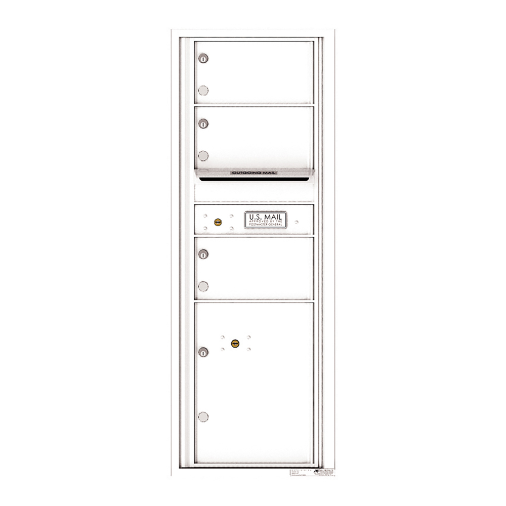 White vertical mailbox unit with multiple compartments and a U.S. Mail label.