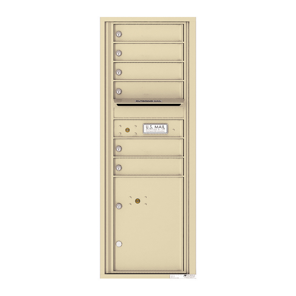 Beige multi-unit mailbox with outgoing mail slot and lockable compartments.