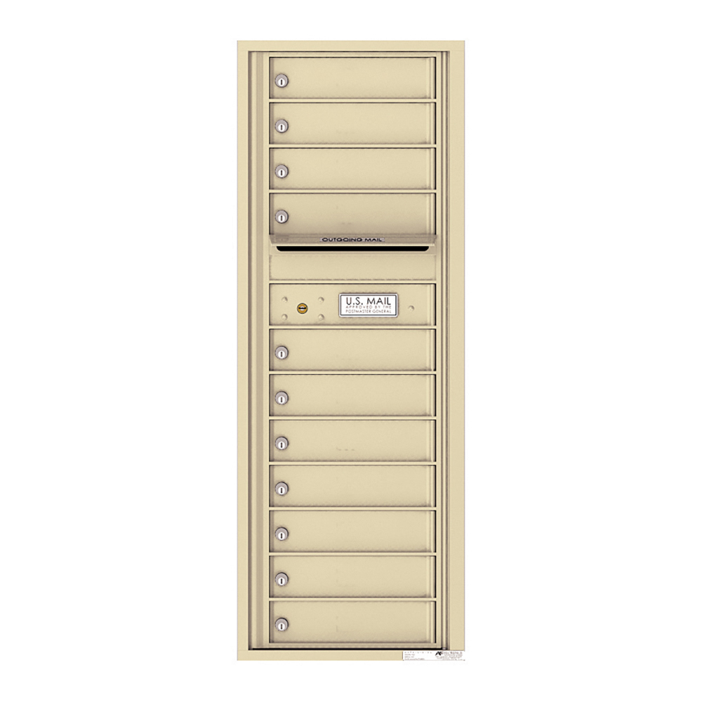 Beige multi-unit mailbox with individual locked compartments and an outgoing mail slot.