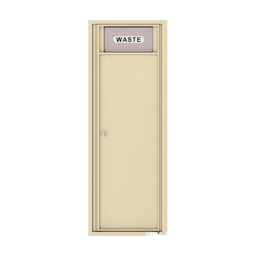 Beige waste disposal door with lock and "WASTE" label at the top.