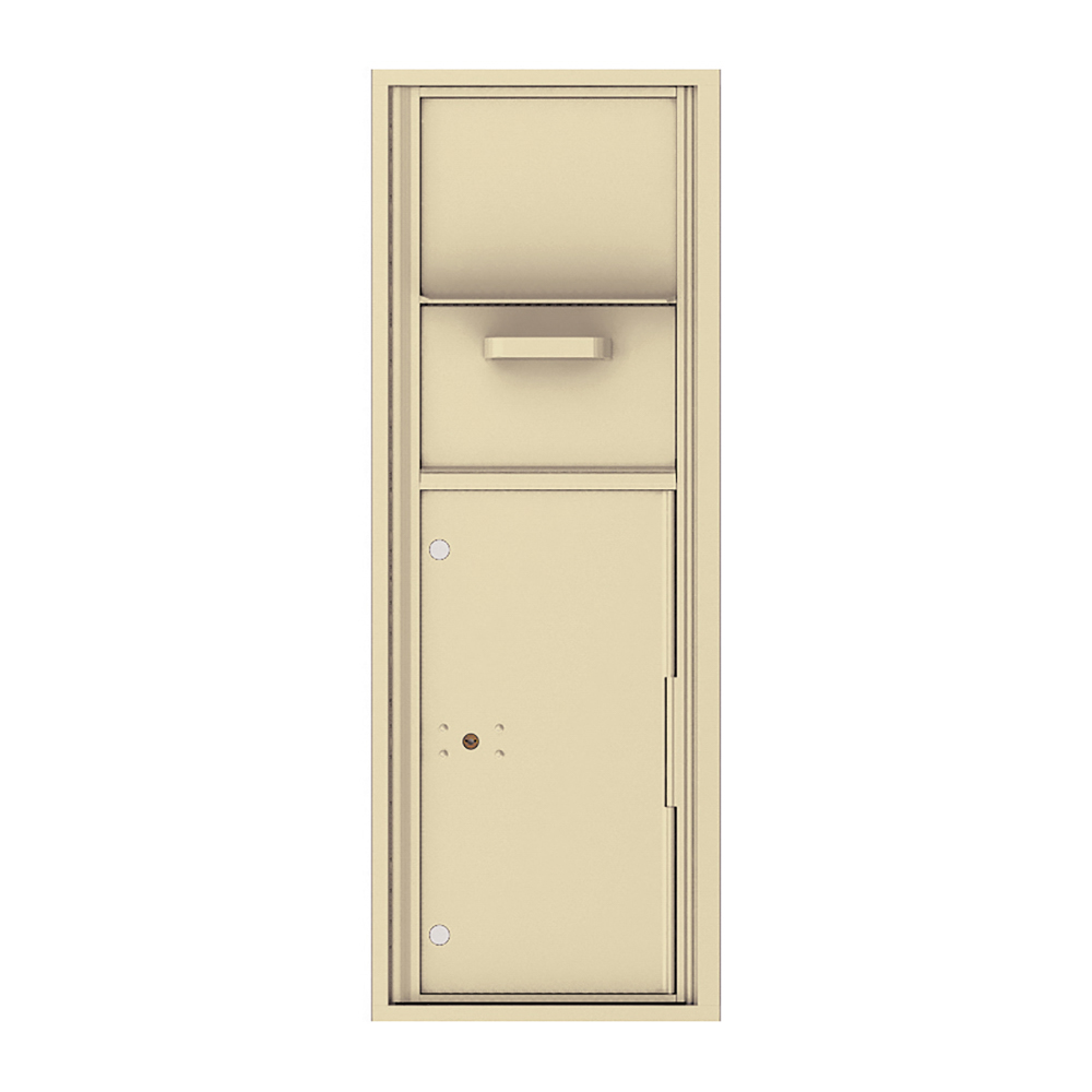 Beige vertical mailbox with a mail slot and lockable compartment.