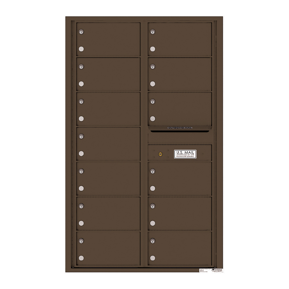 Brown multi-unit mailbox with individual locked compartments and a U.S. Mail label.