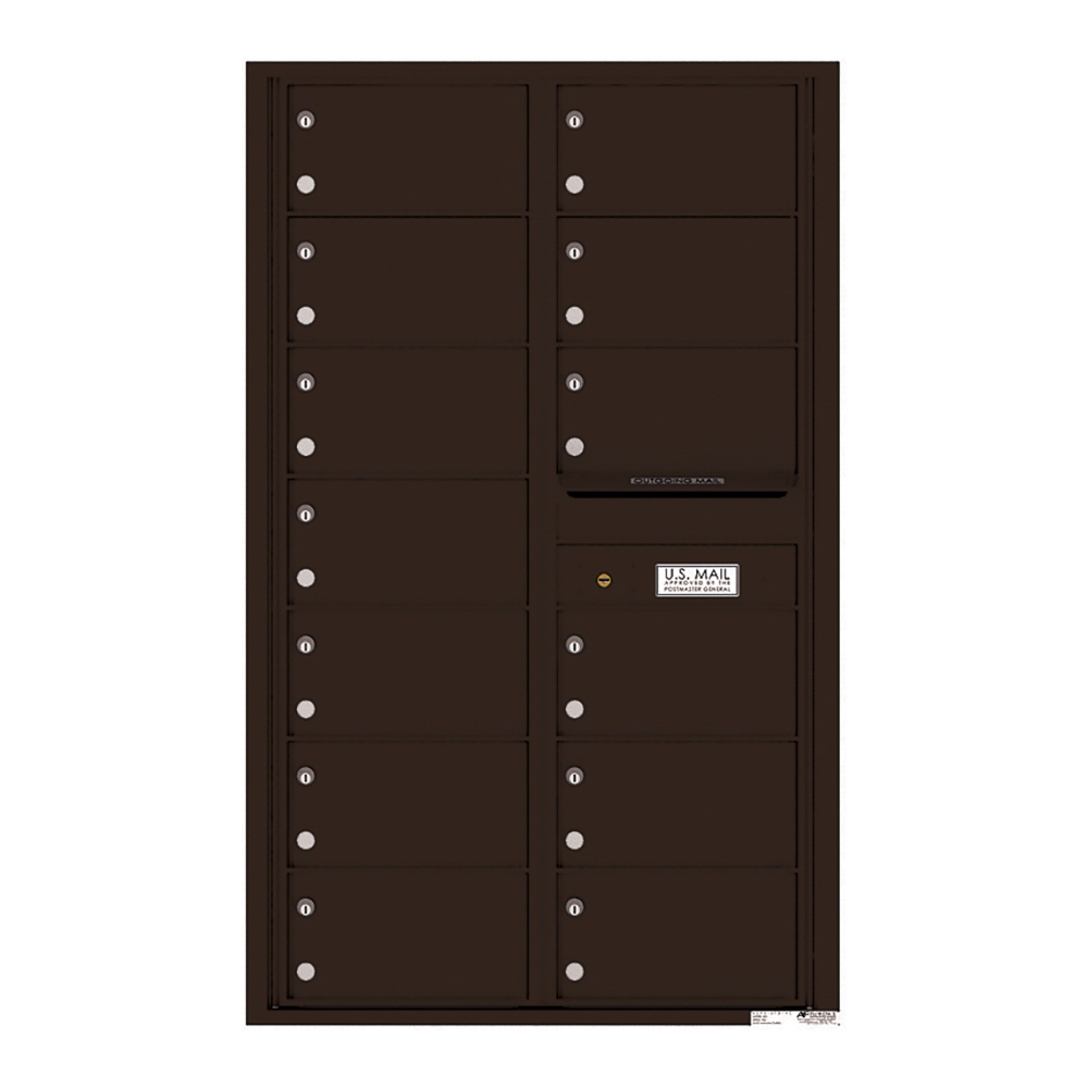 Dark brown wall-mounted mailboxes with multiple compartments and a U.S. Mail label.