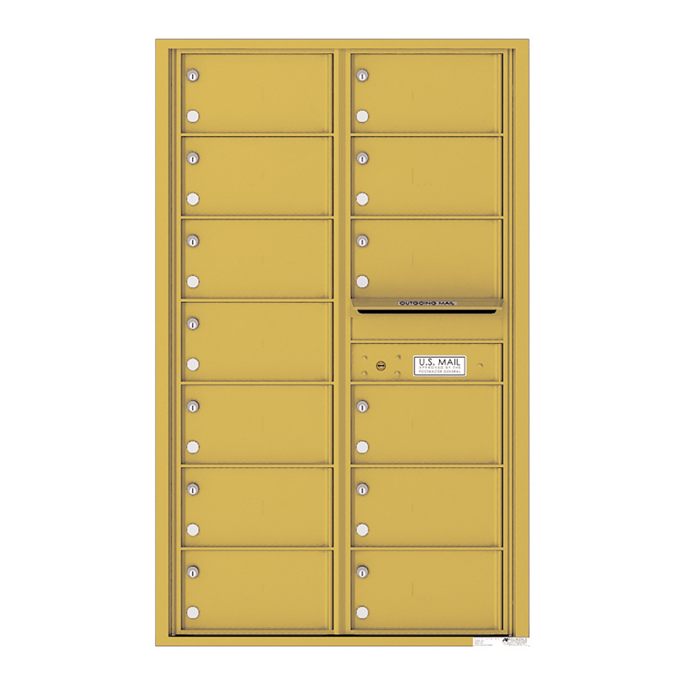 Yellow multi-unit mailbox with individual locked compartments and an outgoing mail slot.