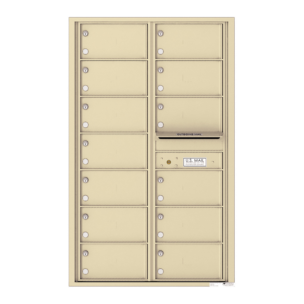 Beige wall-mounted mailbox unit with multiple compartments and a U.S. Mail slot.