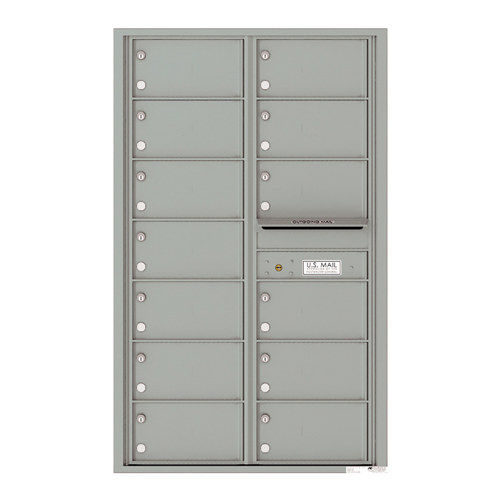 Gray wall-mounted cluster mailbox with multiple compartments and an outgoing mail slot.