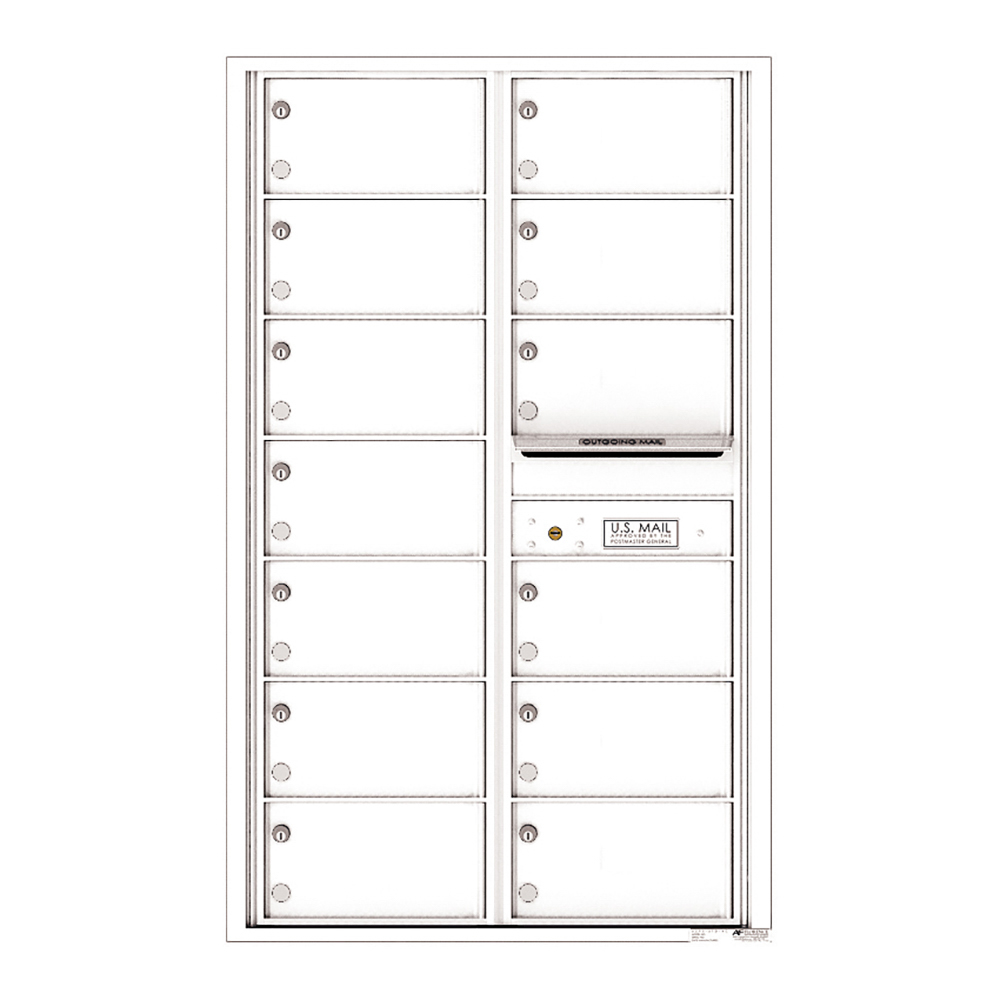 White wall-mounted cluster mailbox with multiple compartments and a U.S. Mail label.