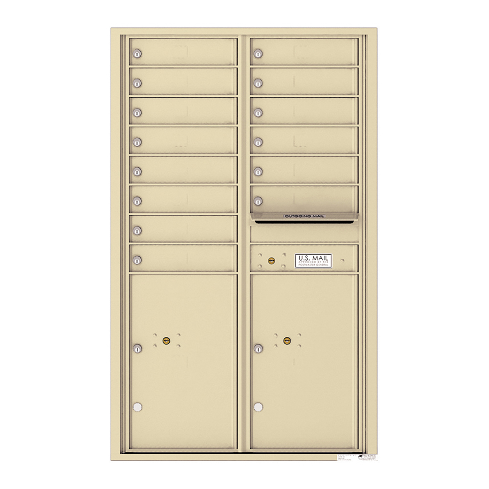 Beige multi-unit mailbox with individual locked compartments and an outgoing mail slot.
