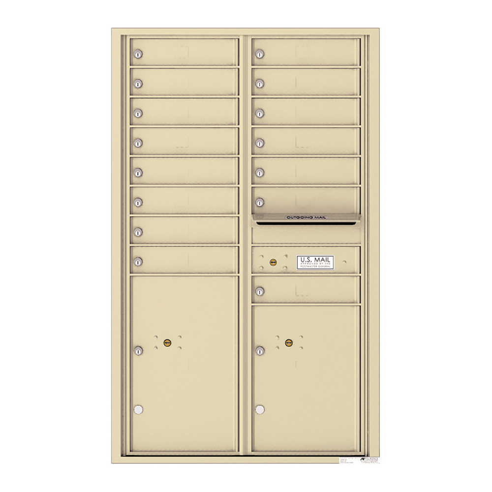 Beige multi-unit mailbox with individual locked compartments and an outgoing mail slot.