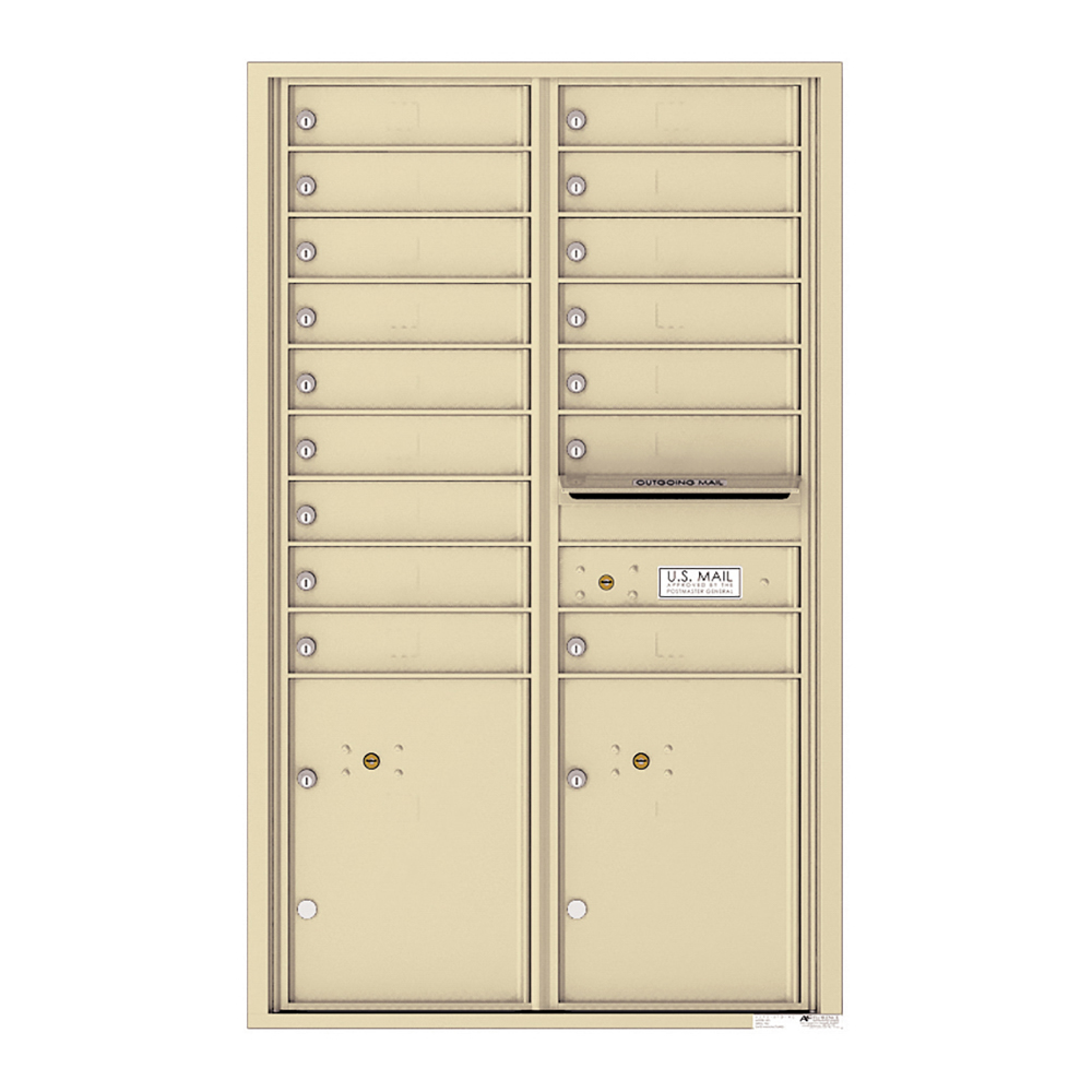 Beige multi-unit mailbox with individual compartments and outgoing mail slot.