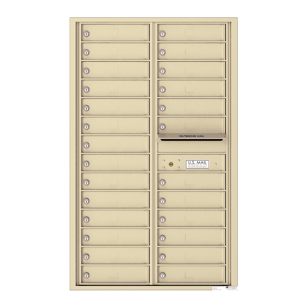 Beige multi-unit mailbox with individual locked compartments and outgoing mail slot.