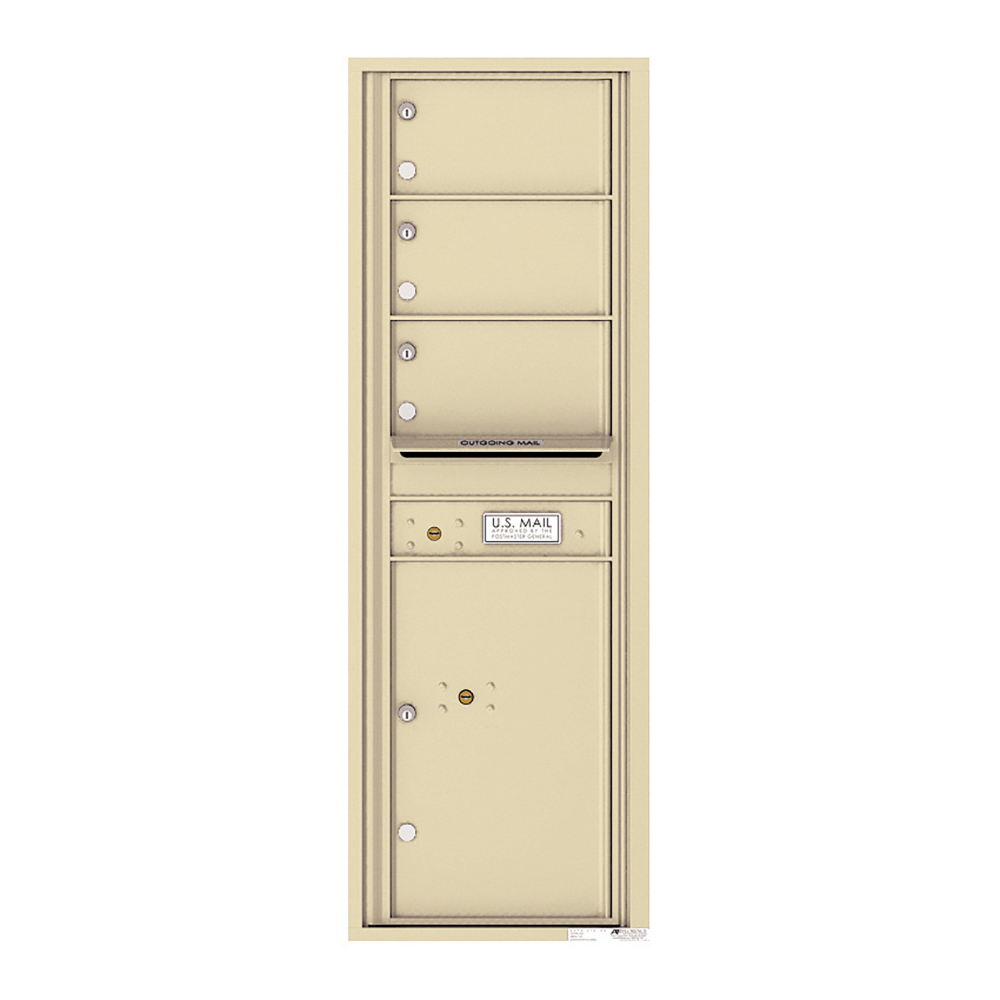Beige multi-unit mailbox with four compartments and an outgoing mail slot.