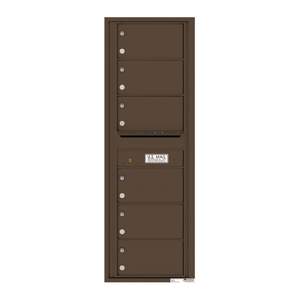 Brown multi-unit mailbox with six compartments and a U.S. Mail label.