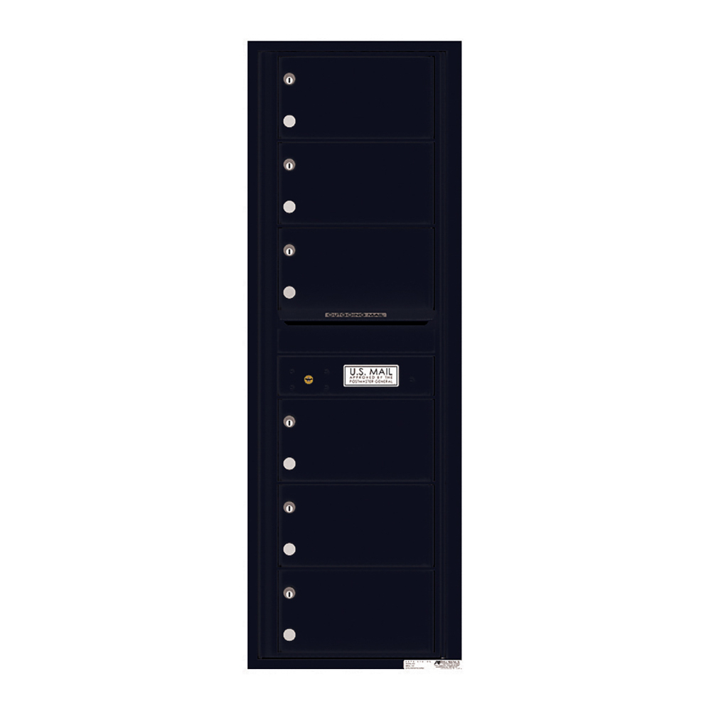 Black multi-unit mailbox with six compartments and a U.S. Mail label.