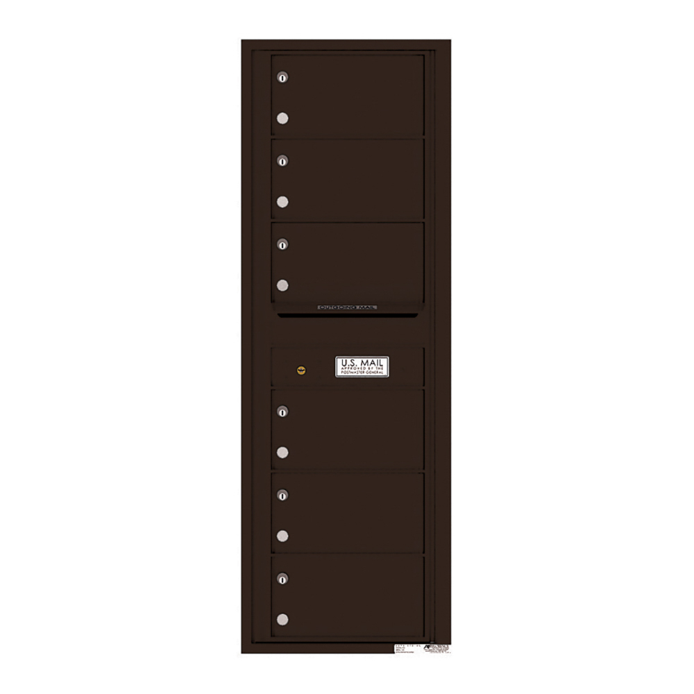 Dark brown vertical mailbox unit with multiple compartments and a U.S. Mail label.