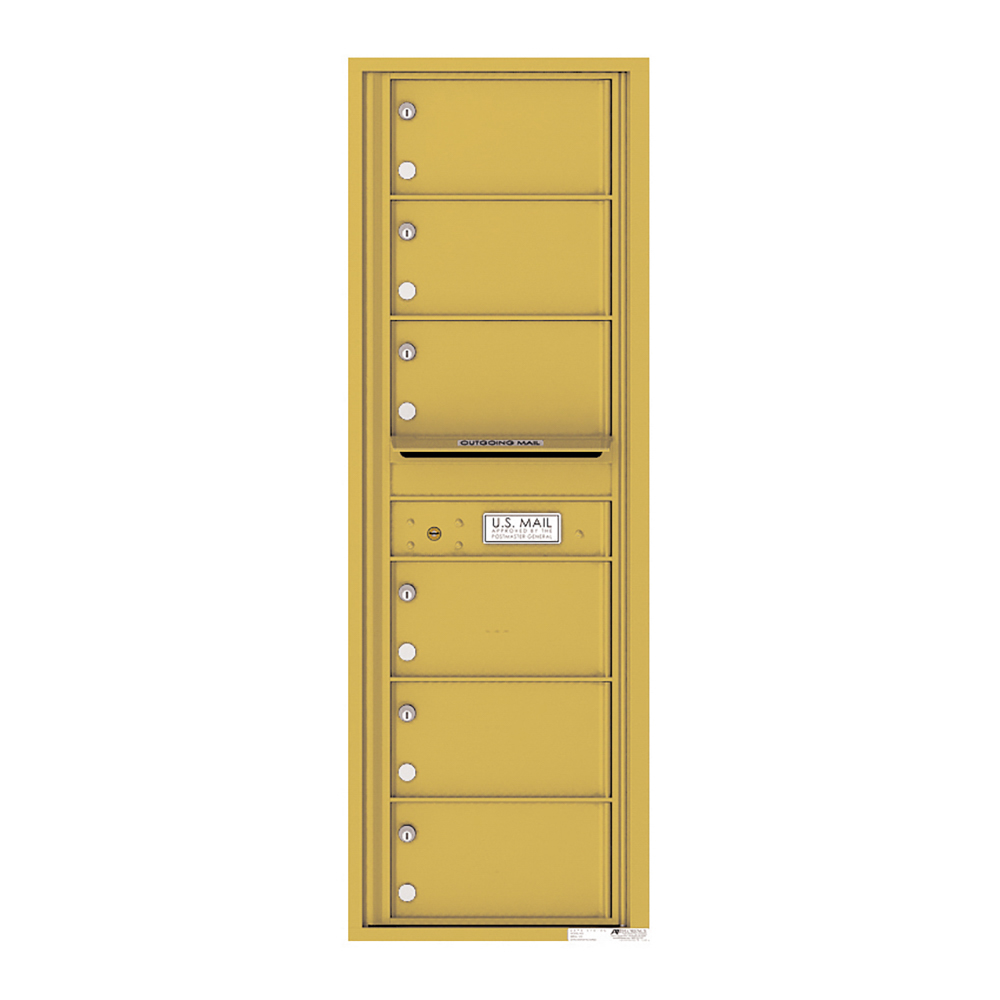 Gold multi-unit mailbox with six compartments and an outgoing mail slot.