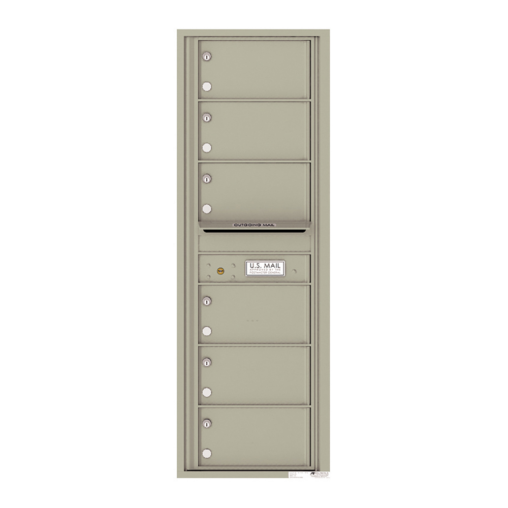 Vertical beige multi-unit mailbox with six compartments and U.S. Mail label.