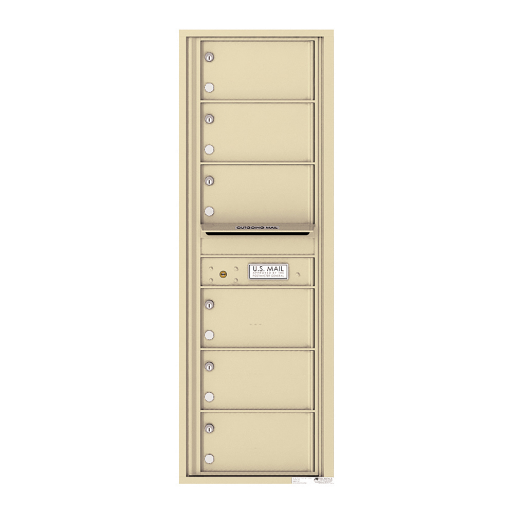 Beige multi-unit mailbox with six compartments and an outgoing mail slot.