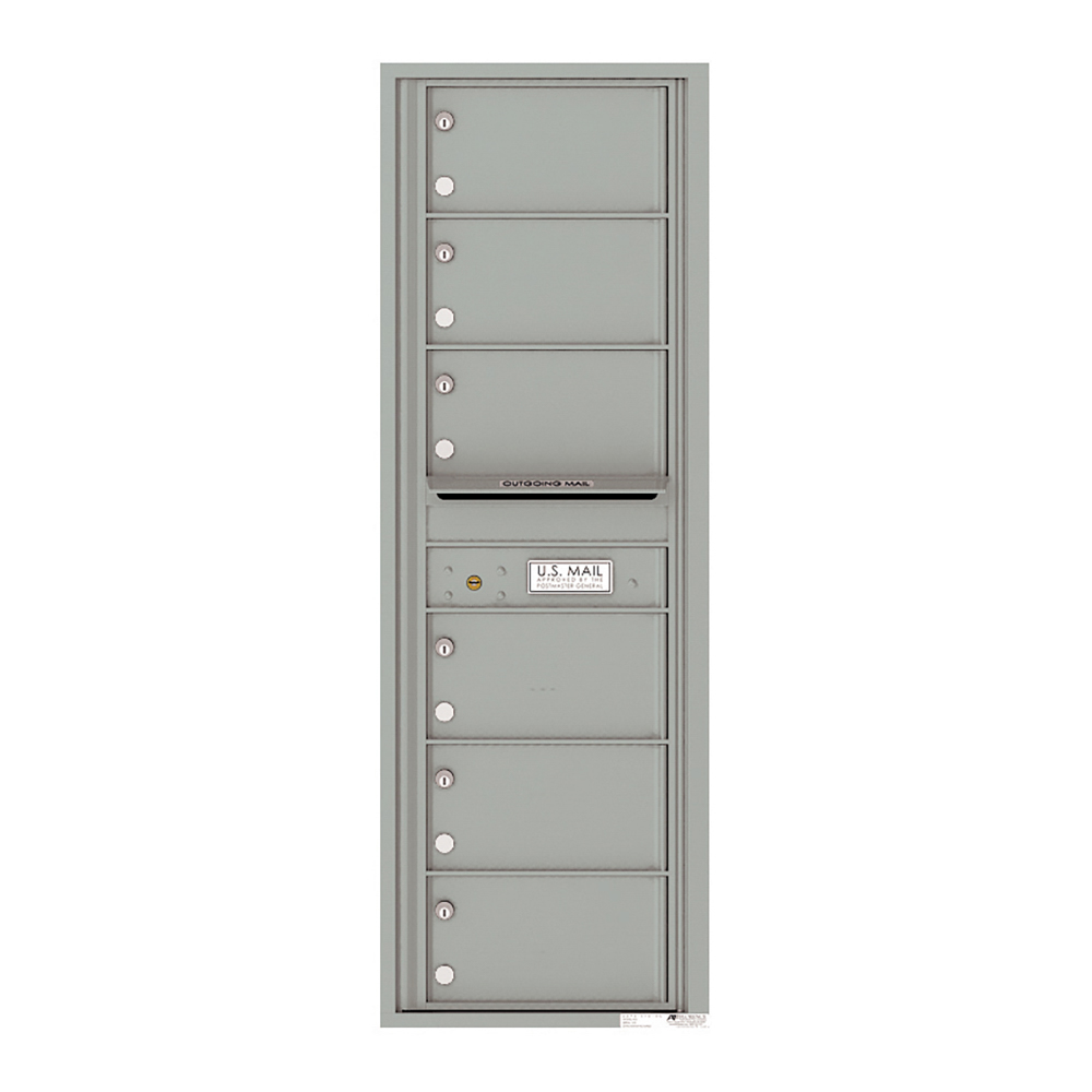 Gray multi-unit wall-mounted mailbox with six compartments and an outgoing mail slot.