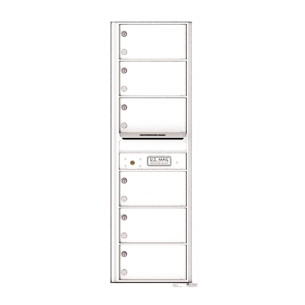 Vertical white multi-unit mailbox with six compartments and a U.S. Mail label.