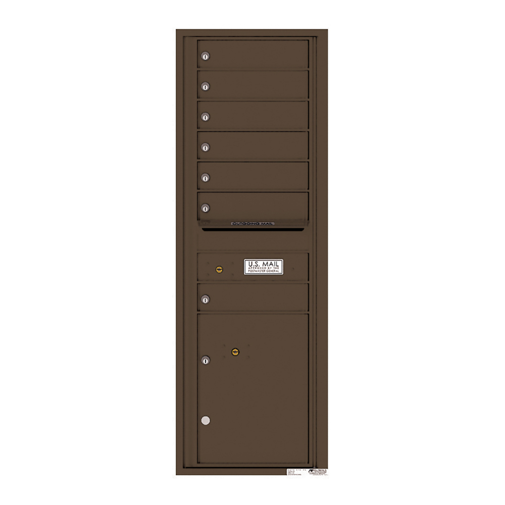 Brown multi-unit mailbox with six compartments and a mail slot, labeled for U.S. Mail.