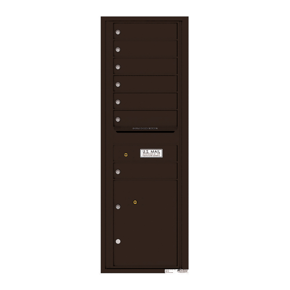 Dark brown multi-unit mailbox with six compartments and a U.S. Mail label.