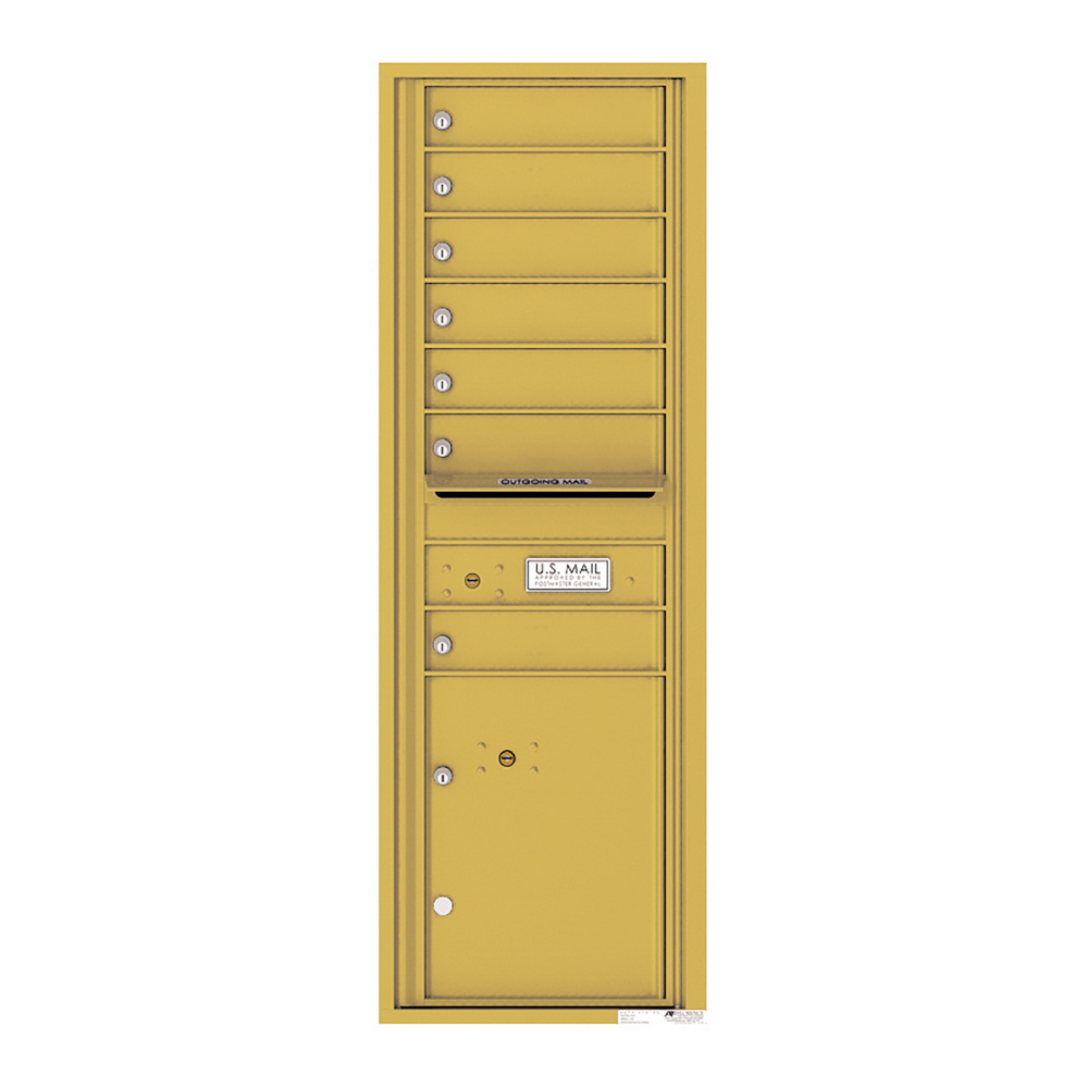 Gold multi-unit mailbox with eight compartments and an outgoing mail slot.