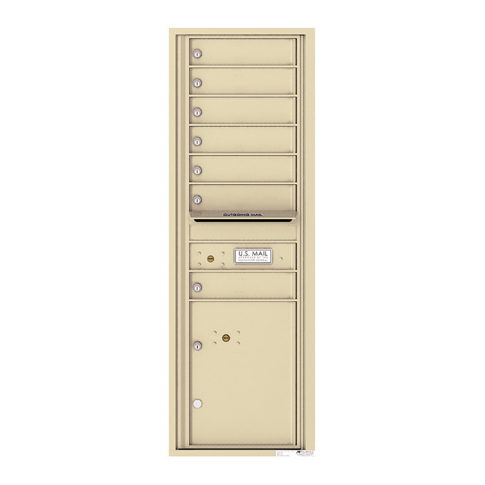 Beige multi-unit mailbox with eight compartments and an outgoing mail slot.