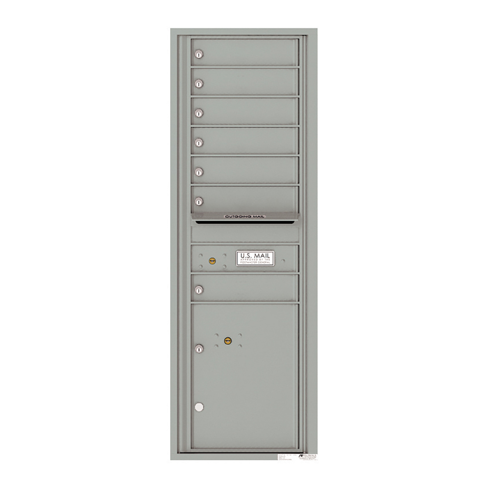 Gray multi-unit mailbox with eight compartments and an outgoing mail slot.