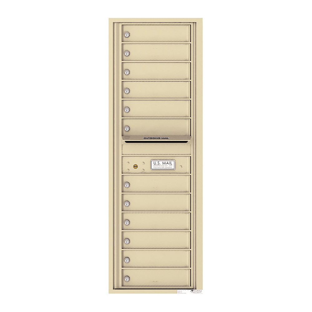 Beige multi-unit mailbox with individual locked compartments and outgoing mail slot.