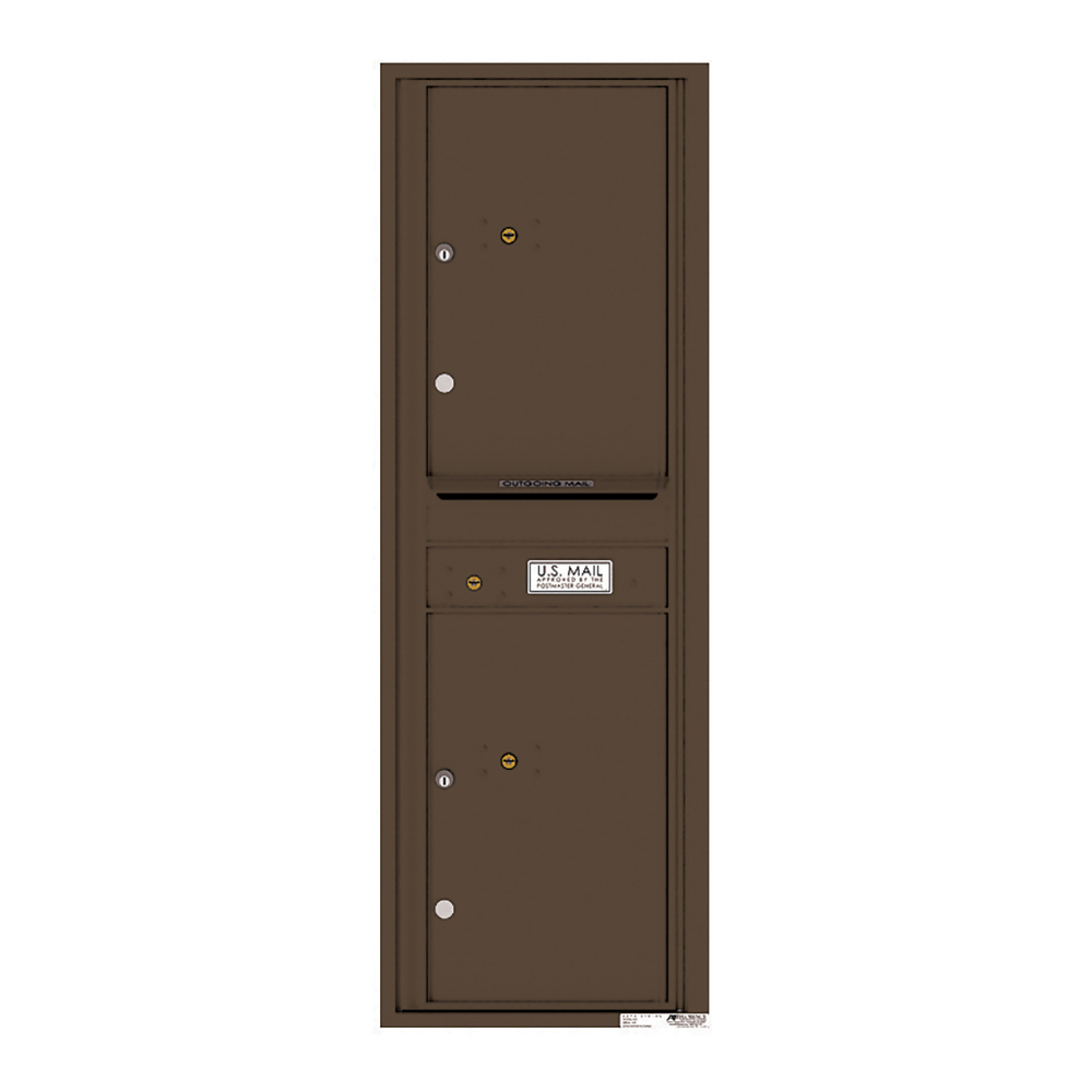Brown vertical mailbox with two compartments and a U.S. Mail label.